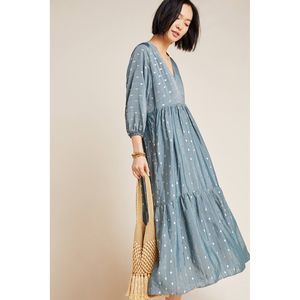 Anthropologie Blue Midi Dress with White Dots
